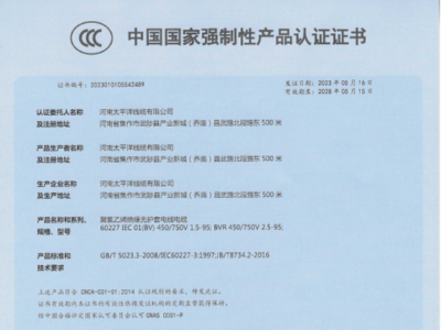 聚錄乙烯絕緣無(wú)護(hù)套電線(xiàn)電纜中國(guó)國(guó)家強(qiáng)制性產(chǎn)品認(rèn)證證書(shū)